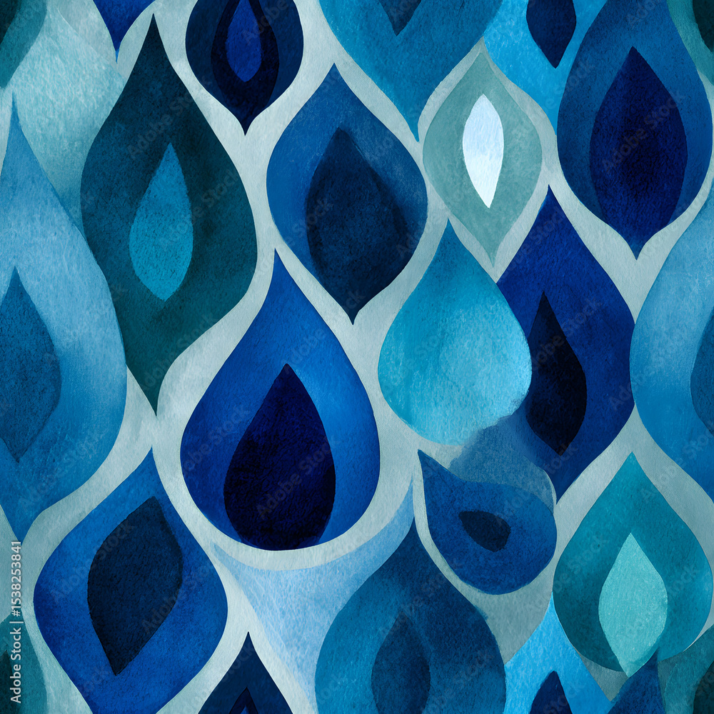 Poster seamless watercolor abstract pattern with teardrop shapes on a soft blue background. simple bold and