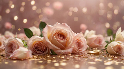 pink roses on a wooden background