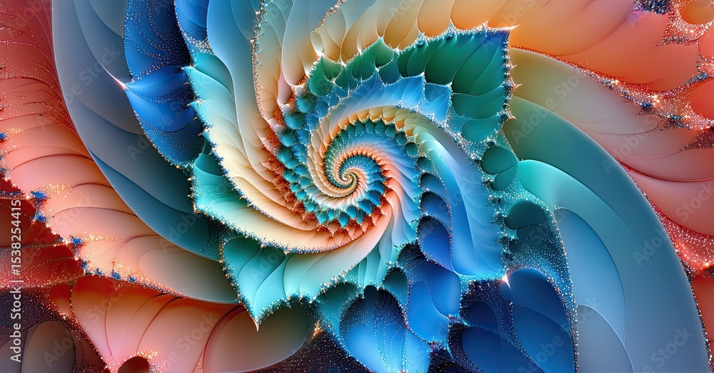 Poster Intricate spiral fractal displays vibrant colors. Blue, orange, turquoise blend seamlessly creating mesmerizing pattern. Complex details abound.