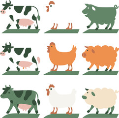Simplified illustration of farm animals including cow chicken pig and sheep