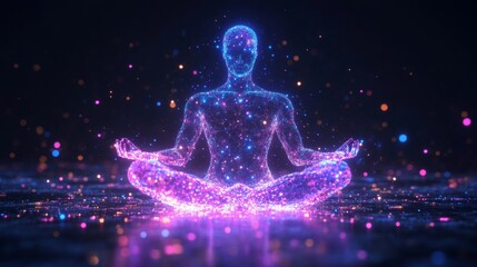 Abstract human form of glowing neon particles--symbol of wellness, meditation, and digital healthcare. 