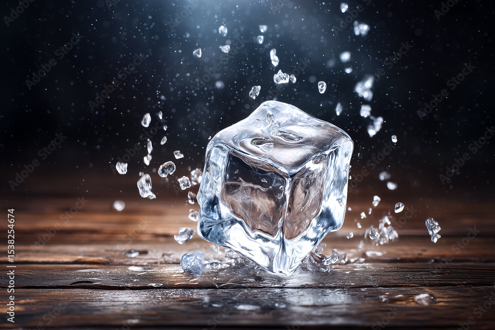 Poster ice cube falls onto rustic wooden surface, creating splashes and droplets in a low light environment