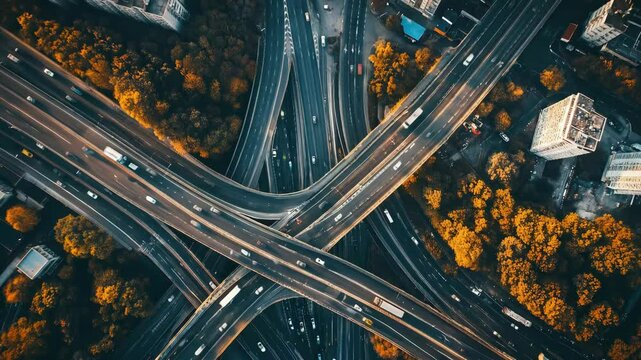 Aerial perspective of a complex urban interchange surrounded by autumn trees, showcasing city infrastructure.