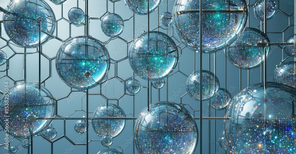 Poster Geometric installation features numerous clear spheres filled with sparkling blue glitter. Metallic grid provides structure, creating captivating visual effect.