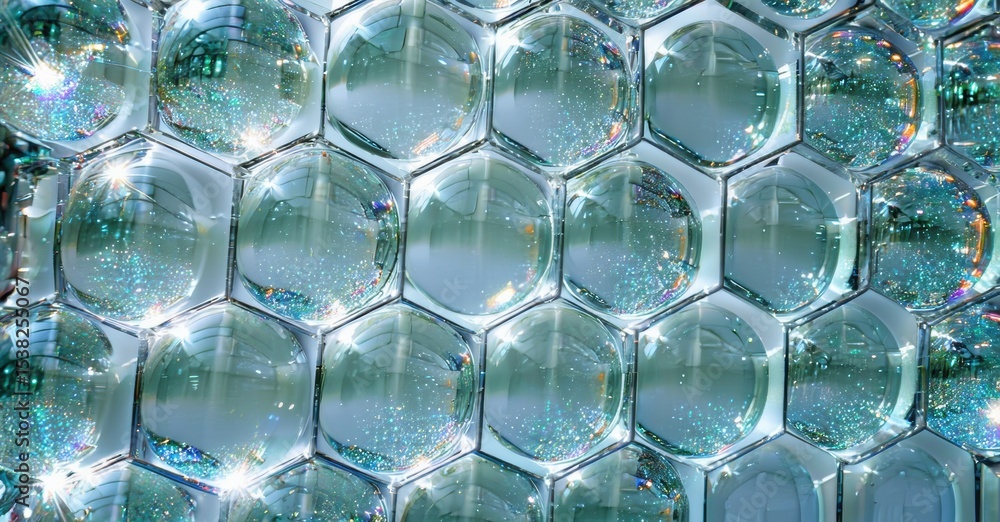 Poster Hexagonal cells, shimmering surface, bright reflections. Metallic texture creates futuristic, abstract pattern. Light sparkles within each cell.