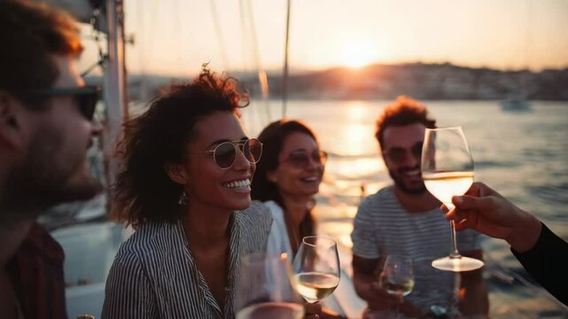 Happy multiracial friends having fun cheering with champagne at boat party outdoor during sunset time - Summer and vacation concept - Models by AI generative 