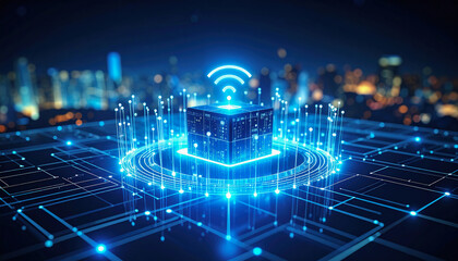 Glowing digital cube symbolizes futuristic network connection in cityscape. illuminated lines and circuits represent advanced technology and data flow, creating sense of innovation