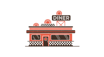 Vintage Diner Icon Vector SVG Illustration with Retro Building and Sign Flat Design in Brown and Coral Colors
