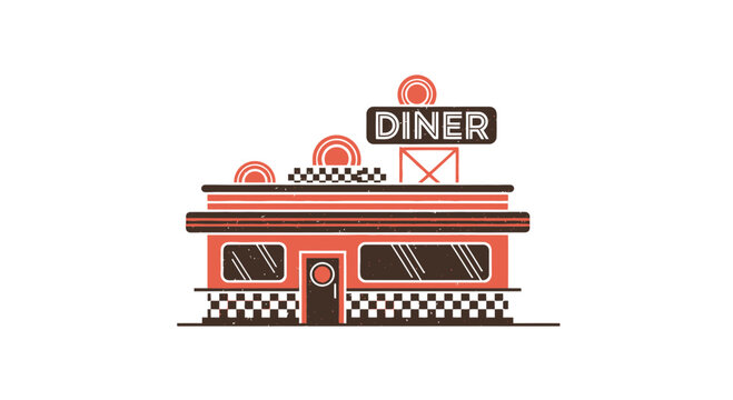 Vintage Diner Icon Vector SVG Illustration with Retro Building and Sign Flat Design in Brown and Coral Colors