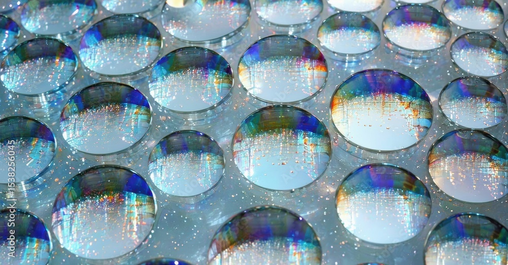Poster water droplets cover surface. rainbow colors reflect, creating abstract patterns. closeup view shows