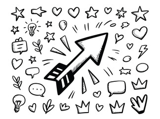 Fototapeta premium Upward Arrow Doodle Design with Hearts Stars Crowns and Speech Bubbles Graphic Resource for Social Media, silhouette