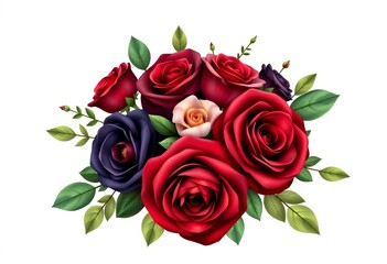 Obraz premium Elegant burgundy, navy, & red rose wedding floral arrangement with green leaves Vector illustration, design element, vector