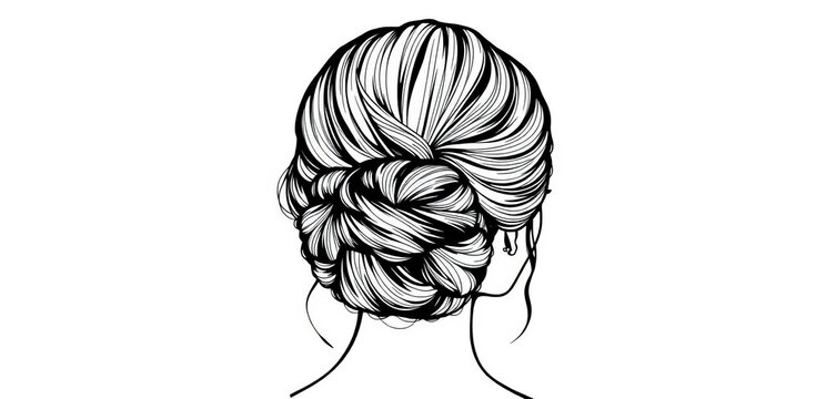 Elegant bun hairstyle, bridal beauty salon vector illustration Line art sketch style, hairstyle, elegant