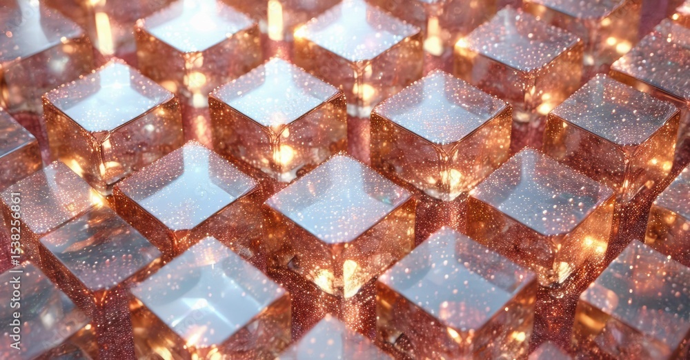 Poster Abstract cubic pattern. Glowing blocks create shimmering surface. Copper tones dominate, suggesting digital texture. Light particles drift within structures.