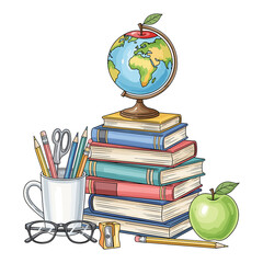 School Books with Apple Globe PNG