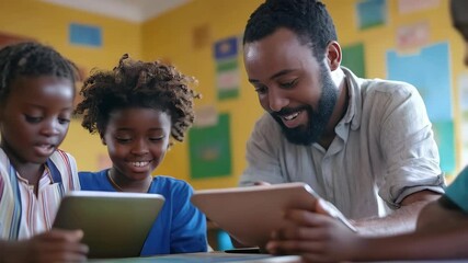 Smiling teacher engaging with young students using tablets in a colorful classroom setting. - Powered by Adobe