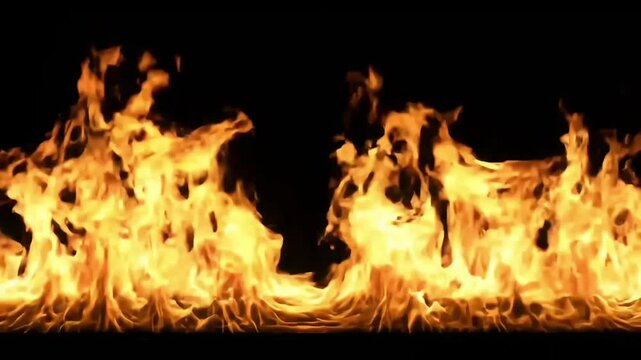 Intense horizontal fire overlays for cinematic video effects with realistic flames on black background