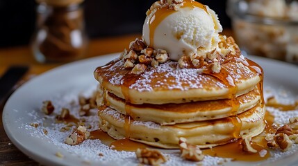 Stack of pancakes topped with pecans, ice cream, and syrup.