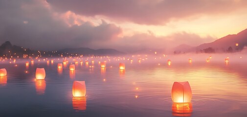 Floating lanterns illuminate a serene lake at sunset.