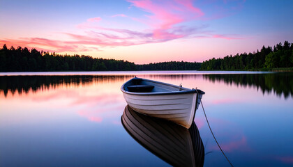 Obraz premium Lone Boat on Calm Lake at Twilight with Pink and Blue Sky.calm, dawn, dusk, horizon, peaceful, serene, sunrise, tranquil, scenic, boat, lake, nature, sky, sunset, water, beautiful, landscape,