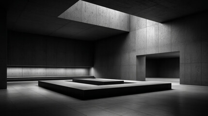 Empty Concept Room with Central Showcase Platform in Grey and Black Tones
