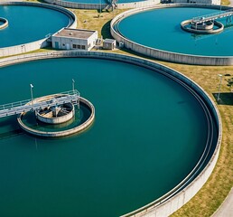 Aerial View of Circular Wastewater Treatment Basins at Industrial Water Facility