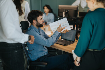 Obraz premium Business people gather around a desk, analyzing a financial report in an office setting. Team members collaborate to discuss growth and strategy.