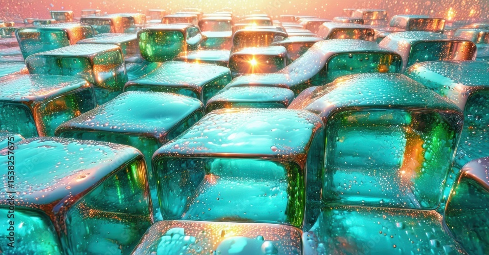 Poster vibrant turquoise cubes cover surface. light reflects, creating shimmering effect. warm tones blend 