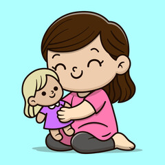 Kawaii Girl and Doll Playtime Illustration