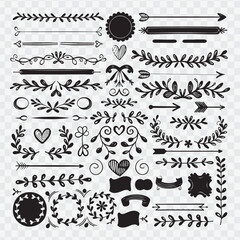  hand-drawn black and white decorative vector elements. Include a variety of ornate dividers, borders, floral flourishes, leafy branches, swirls, hearts, arrows, and circular wreaths