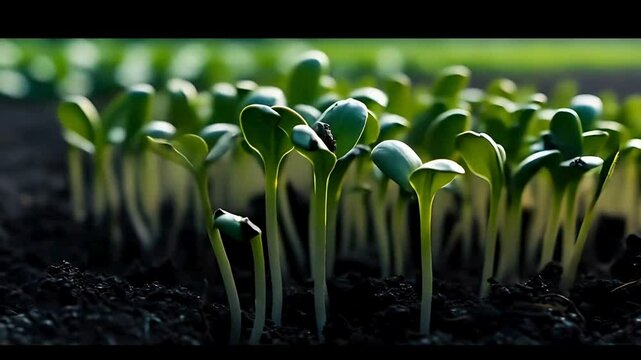 Timelapse of plants growing from seeds, sprouting germination of newborn sprouts from ground
