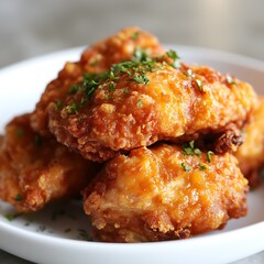 Crispy fried chicken pieces piled high on a plate.