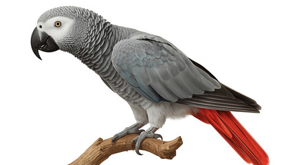 African grey parrot with red tail and white background