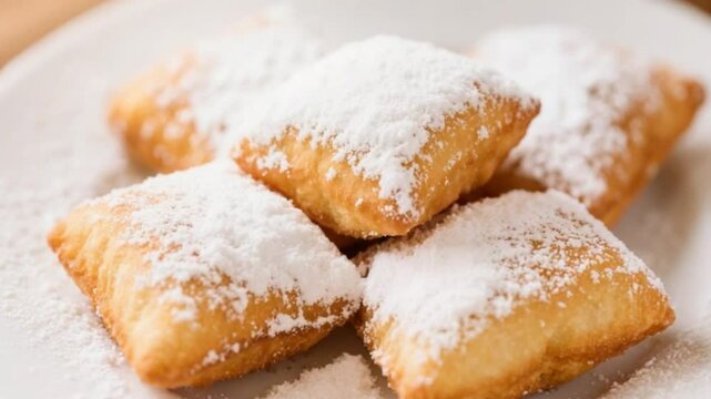 Delicious Golden Brown Beignets Freshly Made Powdered Sugar Sweet Treat French Pastry Mardi Gras Carnival Celebration Festive Food Bakery Confectionery Dessert Culinary Delights