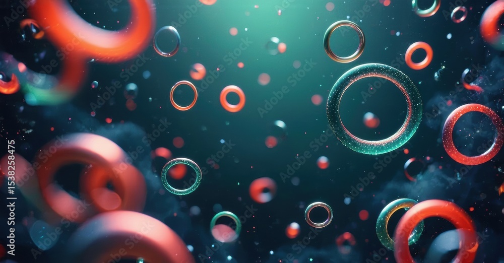 Poster Abstract rings, vibrant colors, dark background. Bubbles float, creating dynamic visual effect. Teal, red hues dominate composition.