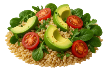 Fresh salad with brown rice, avocado slices, cherry tomatoes, and leafy greens.