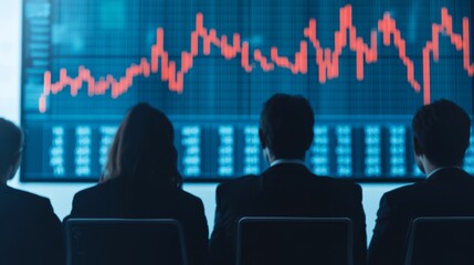 Business Team Analyzing Data Trends on Large Display Screen in Modern Office Using Advanced AI Tools for Enhanced Leadership and Decision Making