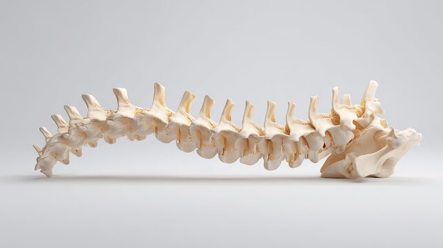 Photorealistic 3D rendering of human thoracic vertebrae T1&ndash;T12 aligned in natural spinal curve, showcasing detailed bone texture and anatomical accuracy for medical and educational use