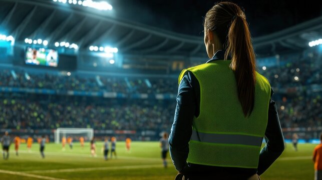 Woman in safety vest at night soccer game in stadium - Powered by Adobe