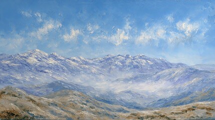 Misty mountain range oil painting with textured brushstrokes evoking calmness and depth, ideal for relaxation, mindfulness, art therapy, and serene nature-inspired interior decor.

