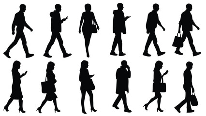 Fototapeta premium Silhouetted people walk, use phones, and carry bags, conveying urban pedestrian activity