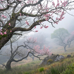 Fototapeta premium Misty mountain landscape with pink blossoming trees