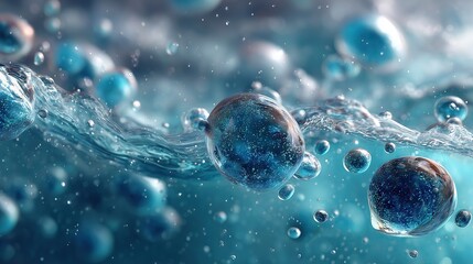 Abstract vector background with blue water droplets and bubbles, creating a fluid design for fresh packaging. Light sky blue theme ideal for Pura Water or brands conveying purity and quality. Clean, m