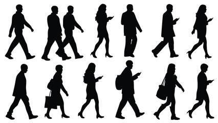 Silhouettes of diverse people walking and using their cell phones on a light background