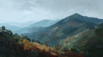 Misty mountain range oil painting with textured brushstrokes evoking calmness and depth, ideal for relaxation, mindfulness, art therapy, and serene nature-inspired interior decor.

