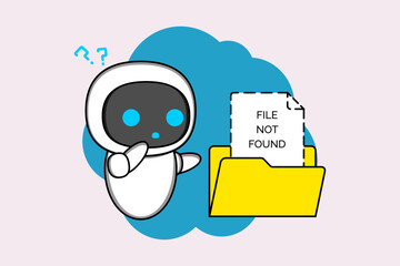 Sad cartoon robot standing beside a browser window displaying a '404 PAGE NOT FOUND' error message.Illustration vector design. EPS 10.