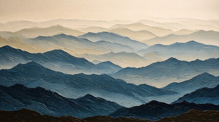 Misty mountain range oil painting with textured brushstrokes evoking calmness and depth, ideal for relaxation, mindfulness, art therapy, and serene nature-inspired interior decor.

