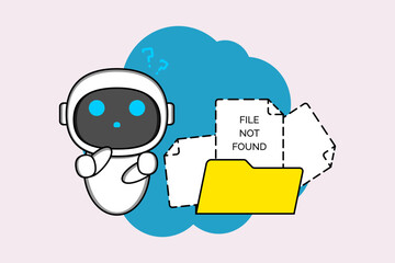 Sad cartoon robot standing beside a browser window displaying a '404 PAGE NOT FOUND' error message.Illustration vector design. EPS 10.