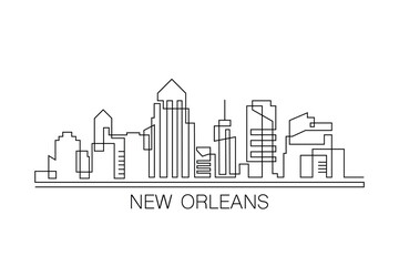 New Orleans stroke, single art skyline. Continuous urban panorama silhouette outline, vector illustration of USA, Louisiana state city with buildings, skyscrapers. Thin line icon, logo, card