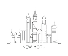 Naklejka premium NYC stroke, single art skyline. Continuous urban panorama silhouette outline, vector illustration of USA, New York state city with buildings, skyscrapers. Thin line icon, logo, card